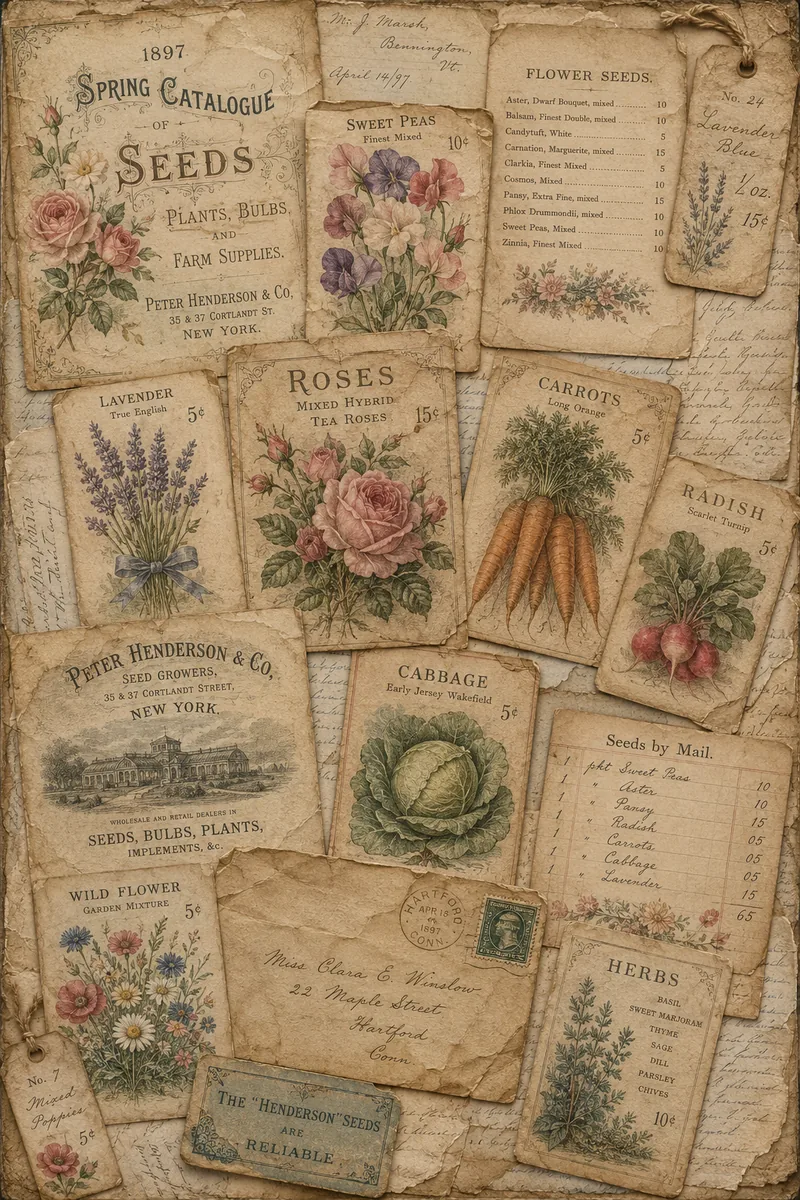 Antique seed catalog collage with roses, lavender, sweet peas, vegetables, and vintage garden labels
